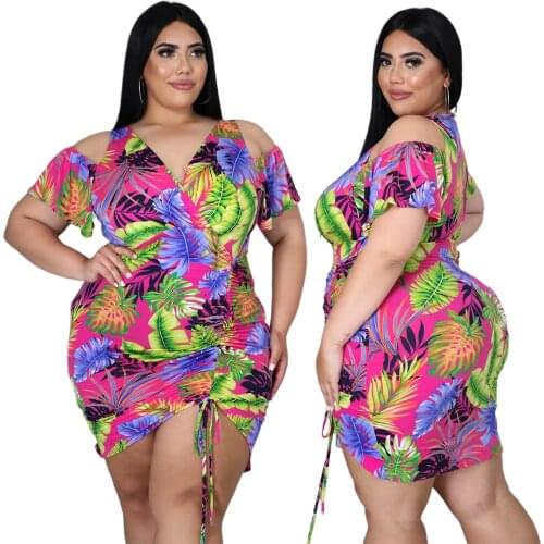 Sexy V-neck Hollow Out Bodycon Skinny Dresses Women Flower Printed Ruched Drawstring Party Night Club Dress 2021 Plus Size 5xl