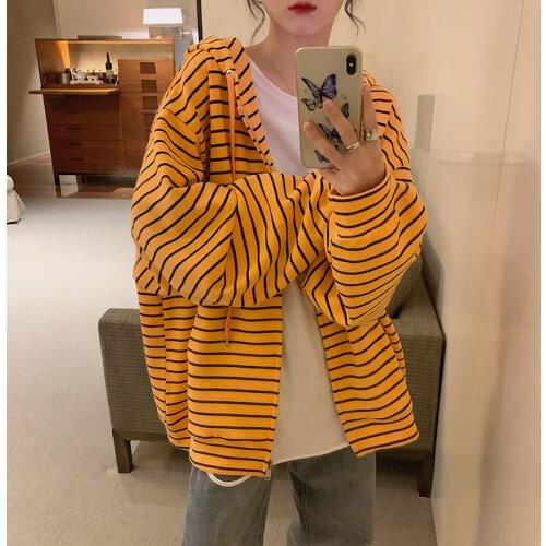 QWEEK Striped Sweatshirt Women Long Sleeve Zip Up Hoodie Korean 2021 Fashion Yellow Top Casual Oversized Streetwear tracksuit