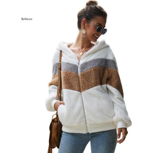 Teddy Cozy Faux Fur Hoodies Women Striped Long Sleeve Hooded Zip-up Sweatshirt Casual Thick Warm Autumn Clothes Poleron Mujer
