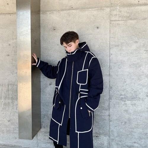 Spring Autumn Hooded Overcoat Trench Coat Men Streetwear Long Jacket Hip Hop Line Male Fashion Windbreaker