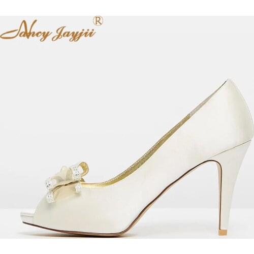 Women Shoes Lady Pumps White Solid Satin Butterfly-knot Crystal Basic Super High thin heels Peep Toe Fashion Sexy Mature2019