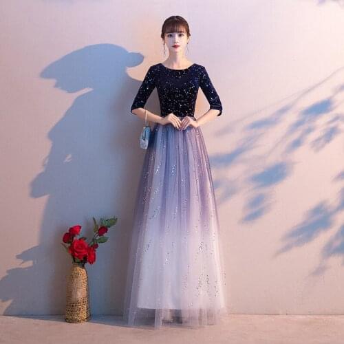 Sequins Elegant O-Neck Evening Dress Empire Half Sleeves Pleat A-Line Floor-Length Zipper Back Woman Formal Party Gowns A1299