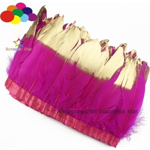 2 Meter deep pink Goose feather fringe paint gold tips Feathers Trims with Satin Ribbon Tape plumas de faisan flecos para coser