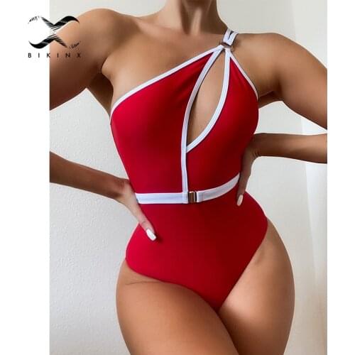 2021 Sexy one-shoulder one-piece suit Retro patchwork swimsuit womens swimming suit High cut swimwear Hollow out bathing suit