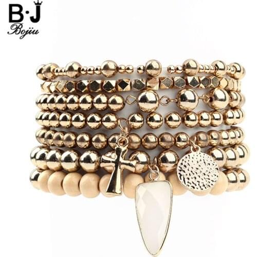 BOJIU 7 Pcs/Set Fashion Cross Triangle Round Charms Bracelets Gold Plating Hematite Copper Nuggets Wood Beads Btacelet BCSET193