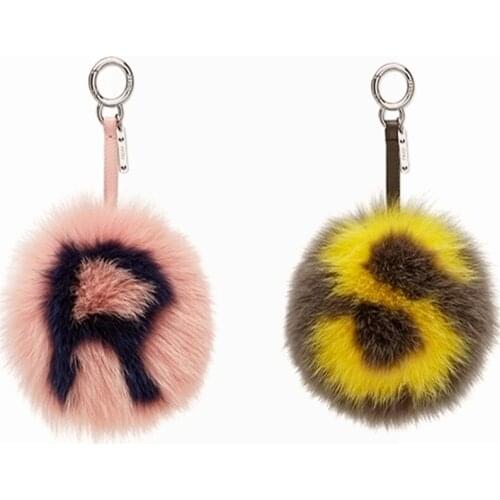 Alphabet genuine fox fur ball bag pendant key chain ball letter jewelry fashion accessories keychain