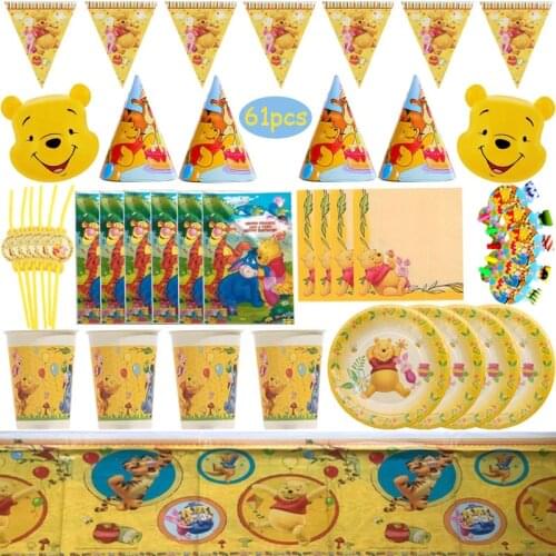 Disney Winnie The Pooh Theme Party Disposable Tableware Paper cups Plate Banner Tablecloth Birthday Party Supplies for girls/boy