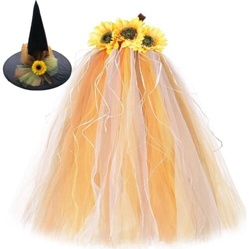 Sunflower Scarecrow Long Tutu Dress for Girls Pumpkin Halloween Costumes for Kids Girl Fall Autumn Fancy Dresses Gown with Hat