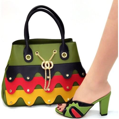 Doershow New Arrival African Wedding Shoes and Bag Set green Color Italian Shoes with Matching Bags Nigerian Women party SJB1-39