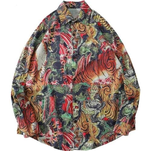 Tiger retro print Hawaiian shirt mens party beach vacation casual long-sleeved shirt tops streetwear fashionable Harajuku tops