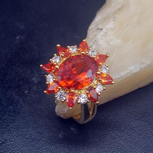 Gemstonefactory Jewelry Big Promotion Yellow Gold Plated Red Garnet Shiny Zircon Women Men Gifts Band Rings 7.5# 20212976