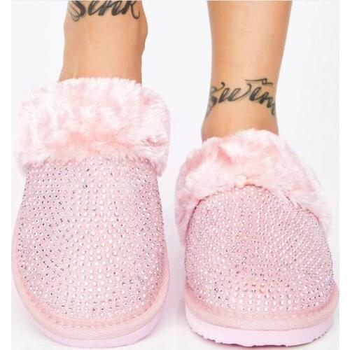 Faux Fur Warm House Slippers Women 2020 New Fashion Womens Slippers Winter New Hedging Rhinestone Flat Home Slippers 35-43