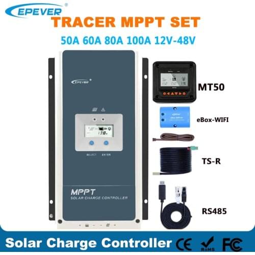 Epever 50A 60A 80A 100A MPPT Solar Charge Controller 12V 24V 36V 48V Auto Backlight LCD Solar Regulator Support WIFI MT50 Remote
