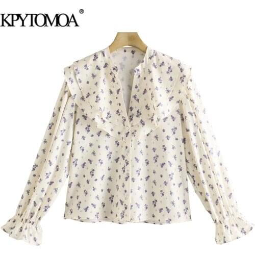 KPYTOMOA Women 2021 Sweet Fashion Floral Print Ruffled Blouses Vintage Long Sleeve Button-up Female Shirts Blusas Chic Tops