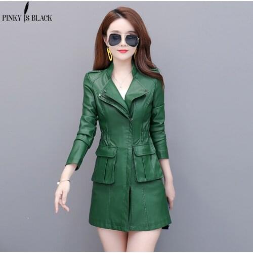 PinkyIsBlack PU Leather Jacket Women Fashion Black Motorcycle Coat Pockets Stand Collar Long Faux Leather Biker Jacket Female