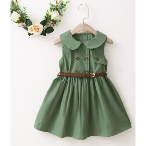 Summer Fashion Girl Dress 2021 European American New Army Green Doll Collar Sleeveless Princess Vestidos 2-6 Years Free Belt