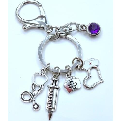Nurse Medical Box Medical Key Chain Needle Syringe Stethoscope Color birth stone Cute Keychain Jewelry Medicine Graduate Gift