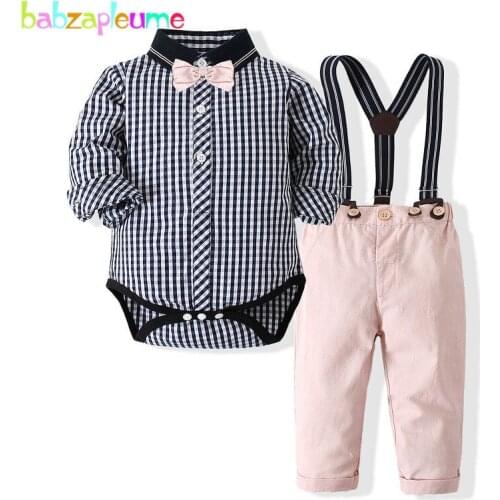 New Spring Fashion Baby Boy Clothes Set Gentleman Rompers Plaid Cotton Long Sleeve Infant Bodysuit+Pants Newborn Clothing BC2029
