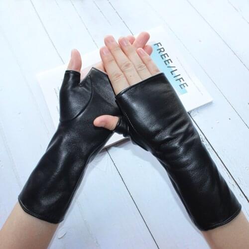 Bickmods 2020 New Women Fashion Long Genuine Leather Black Sheepskin Driving Outdoor Fingerless Gloves Spring and Autumn