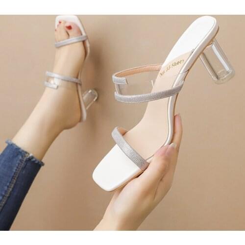 Sexy Womens High-Heel Slipper Chunky High-Heel Transparent Cutout Open Toe Square Rhinestone Slide Sandle