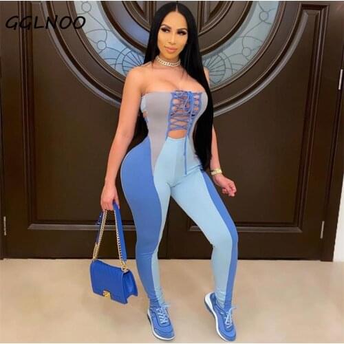 GGLNOO Sexy Hollow Out Lace Up Patchwork Bodyocn Jumpsuit Clubwear Spring Summer 2021 Athleisure One Piece Outfit