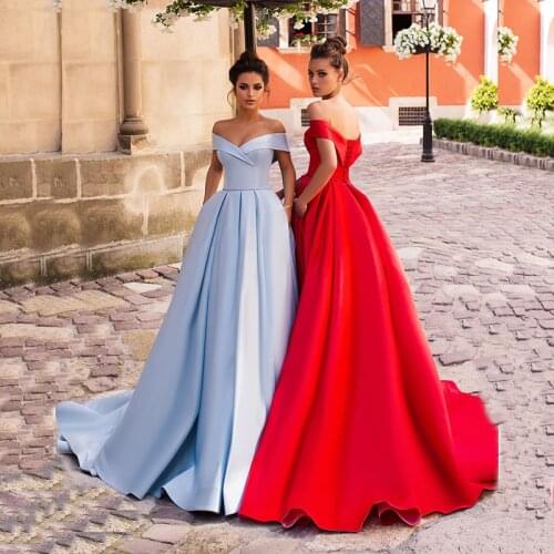 On Sale Modern Simple Red Prom Party Dresses Strapless Off Shoulder Sleeves Wedding Guest Gowns Corset Back With Pocket 2021