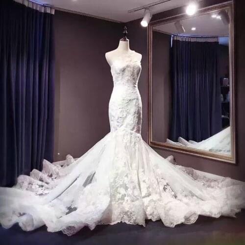 Luxury Long One Shoulder Wedding Dresses Mermaid Drapped Sweep Train Tulle Bridal Gowns for Women Real Photo