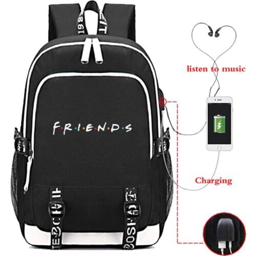 Beautiful Friends USB Charge Backpack Students Boys Girls Back to College Rucksack Fashion School Mochila for Men Women Teens