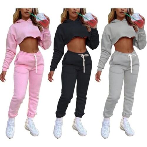 Sports 2 Piece Set Women Autumn Casual Pullover Crop Tops And Pants 2021 Ladies Plain Tracksuit Sexy Sweatshirt Sweat Suits