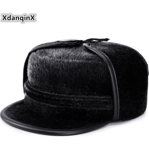 XdanqinX Mens Winter Hat Earmuffs Caps Plus Velvet Thick Warm Bomber Hats With Ears Imitation Hair Snow-proof Ski Cap For Men