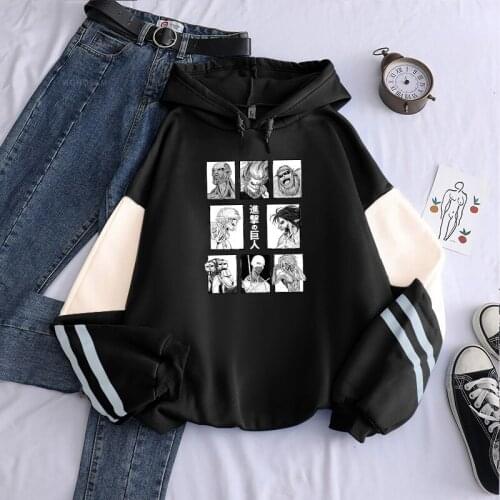 Japan Anime Attack On Titan Patchwork Hoody Pullovers Men Harajuku Black White Giants Here Graphics Unisex Streetwear Sweatshirt
