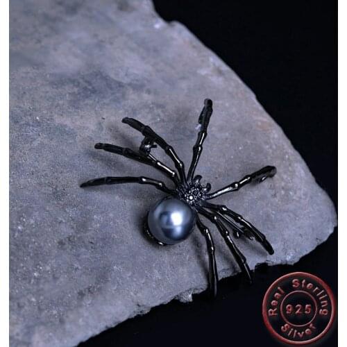 Amxiu Freshwater Pearl Brooch Pendant Black Zircons 925 Sterling Silver Brooches Insect Spider Brooch Pins For Women Accessories