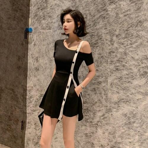 2 Piece Set Summer Women Suit Black Vintage Patchwork Short Sleeve Off the Shoulder Dress and Mini Shorts Two Piece Set Vestidos