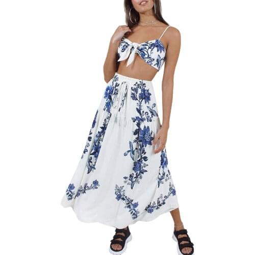 Women Two-piece Clothes Set Floral Printed Pattern Sleeveless Crop Tops and Long Skirt Black/ White