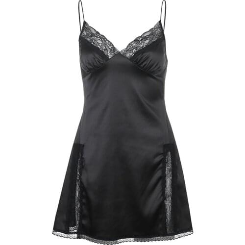 AECU V Neck Satin Strap Sexy Black Dress Women Lace Patchwork Backless Summer Dress Mini Side Split Ladies Party Dresses
