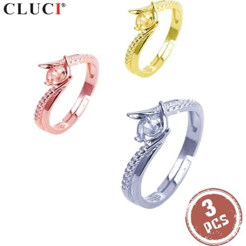 CLUCI 3pcs 925 Sterling Silver Zircon Ring for Women Silver 925 Pearl Ring Mounting Adjustable Ring Jewelry SR2192SB