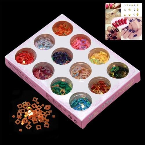 12 Colors Shining Square Shape Nail Glitter Sequins Decorations 3D Nail Art Tools For UV Gel Polish 12 Jars/set