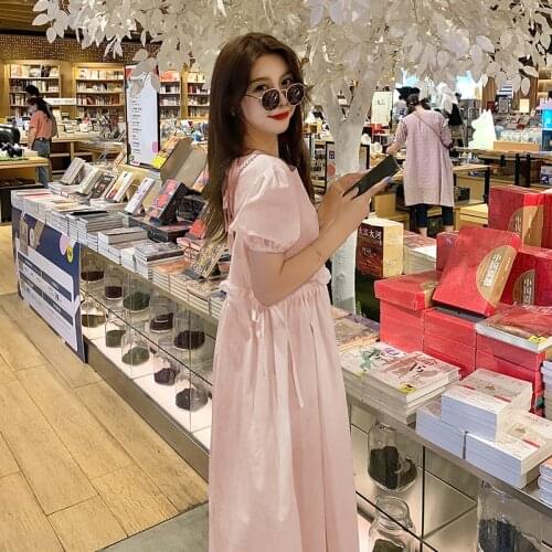 Large Summer Women Cotton Hemp Loose Ruffers Dress Medium Length Puff Sleeve Xxl Womens Dresses Pink Green White Plus Size Lace