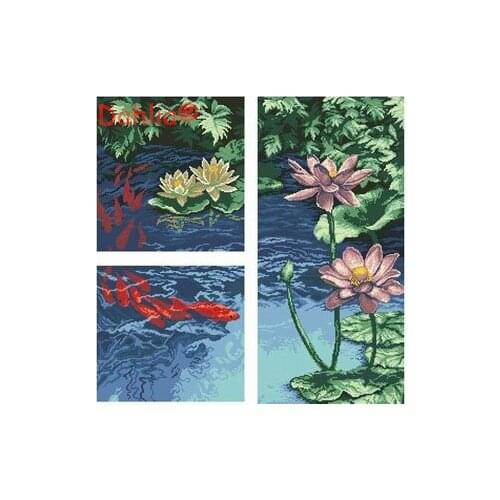 Oil painting Flower Red carp lotus Art Needlework Embroidery DIY Cross Stitch Kits Crafts 14CT Unprinted Home Decor Handmade