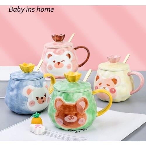 Cartoon Cute Bear Ceramic Mug Hand-painted Coffee Cup with Lid Spoon Creative Coffee Mugs Milk Cups Household Office Drinkware