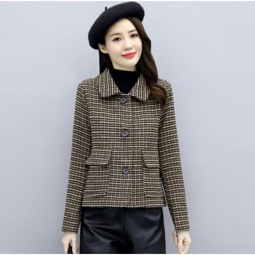Plaid Woolen Jacket Womens Short Basic Coat 2021 Spring Autumn New Fashion Slim Long-sleeved Outwear Casual Female Wool Coats