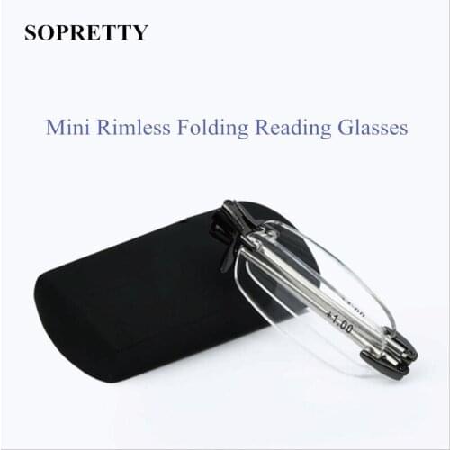 SOPRETTY Mini Rimless Folding Reading Glasses Men Women Foldable Pocket Presbyopia Reader Hyperopia Eyewear diopter +1.0---+4.0