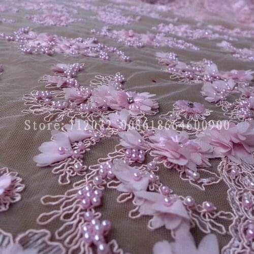 La Belleza Handmade baby pink/ivory/light yellow heavy pearls beadeds 3D flowers lady evening wedding dress 1 yard