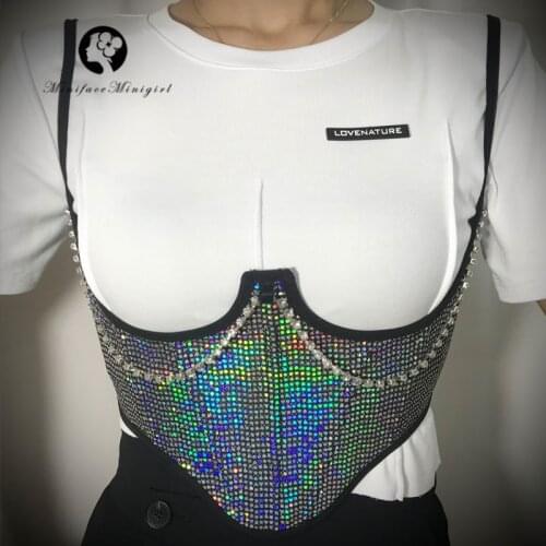 Laser Sequins Splice Corset Sexy Rhinestone Chain Underbust Sleeveless Backless Cropped Tops Shiny Y2K Tops Camis Female Korset