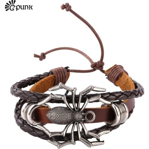 Men Jewelry Genuine Leather Spider Wrap Bracelet Multilayer Handmade Bangles Antique Silver color Brown Black Bracelet H2139G