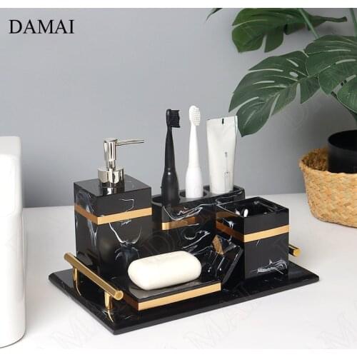 European Resin Bathroom Set Five Piece Set Home Shower Accessories Creativity Marble Texture Golden Stroke Toiletries Organizer