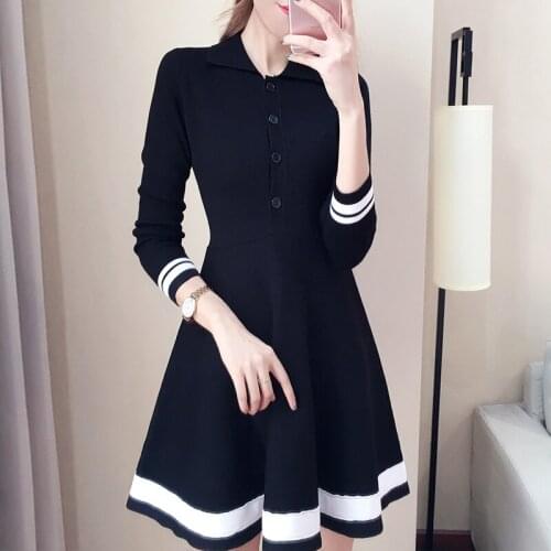 NORMOV Fashion Women Fall Winter Knitted Dress Long Sleeve Thick Sweater A-Line Button Dress Casual Solid Color Mini Dress