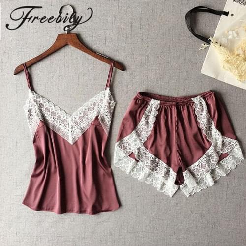 2Pcs Women Sexy Satin Pajama Set White Lace V-Neck Pyjamas Sleeveless Cute Cami Top and Shorts Sleepwear