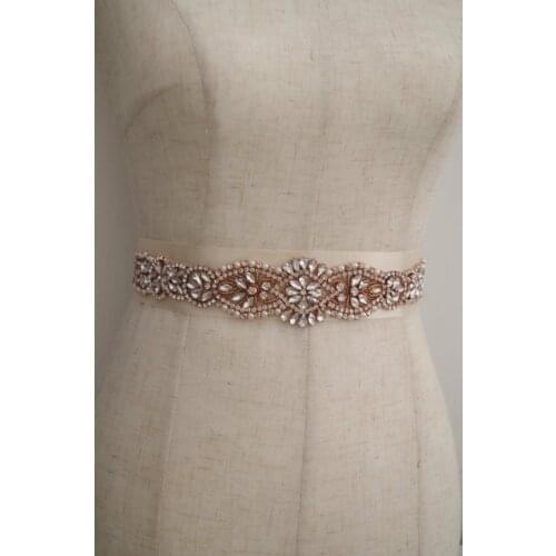 Rose Gold Rhinestone Sash Belt Applique, Bridal Sash Belt, Gold Crystal Floral Sash, RAE0119