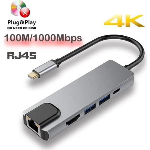 5 in 1 USB Type C Hub Rj45 to Lan Gigabit Ethernet Adapter Hdmi 4K 100M/1000Mbps for Macbook Pro Thunderbolt USB-C Charger Ports